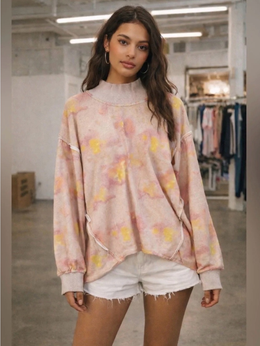 NWT UO Vintage Cozy Tie Dye Oversized Worn-In Pastel Mock Neck Long Sleeve Shirt